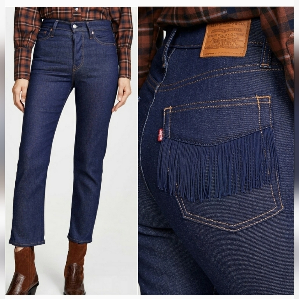 Levi’s Wedgie Straight Jeans 24 Dark Wash Fringe Pocket Western Detail